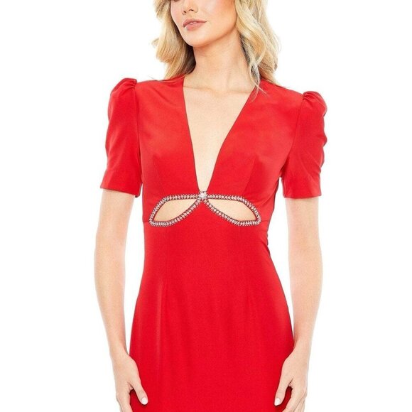 Mac Duggal Size 2 Red 2630 V-Neck Embellished Cut Out Gown Dress Prom Cocktail - Picture 3 of 10